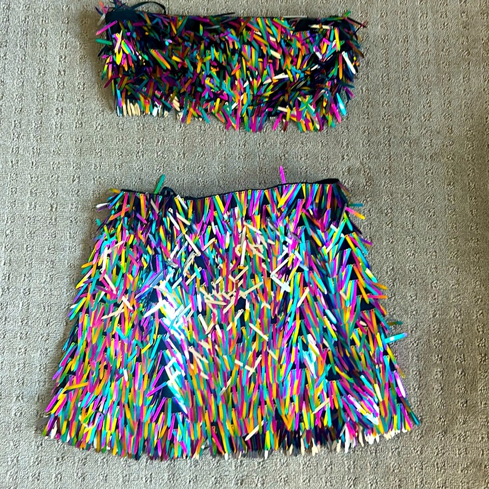 Forever21 multicolor fringe sequin set, crop top and skirt